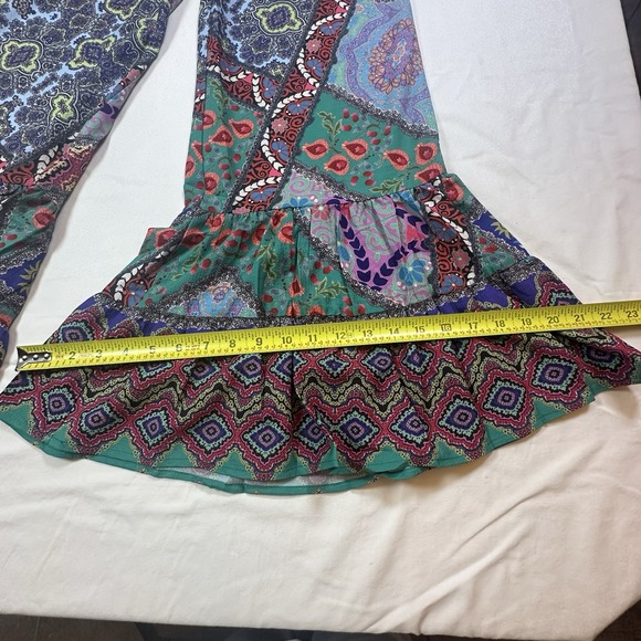 Umgee Patchwork Wide Legs Ruffle Hem Boho Festival Hippie Women's Pants Size M - Picture 9 of 12